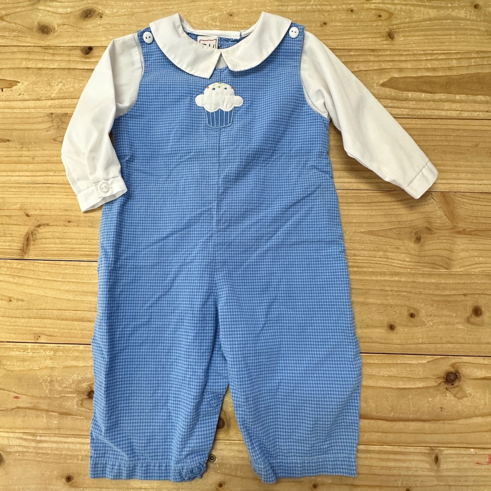ZU Cupcake Applique Gingham Overalls Romper with Long‎ Sleeve Shirt 6 Mos